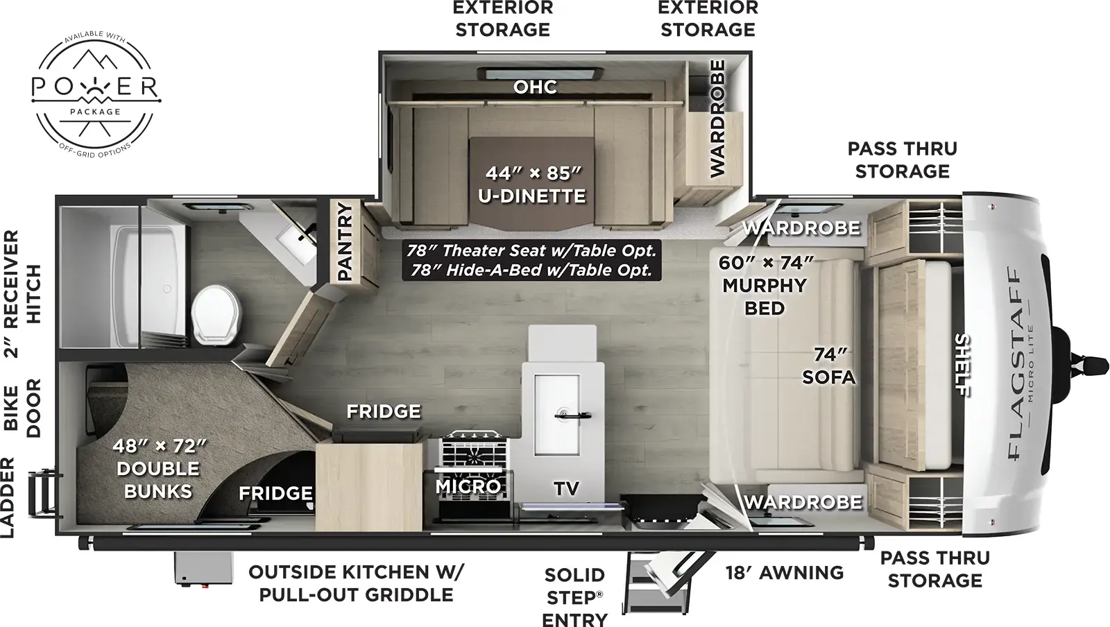 The Flagstaff Micro Lite 25BRDS floorplan has one entry and one slide out. Exterior features include: fiberglass exterior, 18' awning and outside kitchen. Interiors features include: bunk beds, u-dinette and murphy bed.